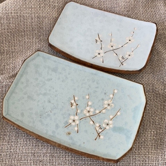 Set of two Korean pottery ceramic serving dish blue glaze - Picture 1 of 3